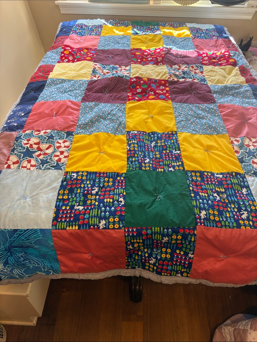 Bright Multicolor Patchwork Quilt - garden sports snowmen plaid